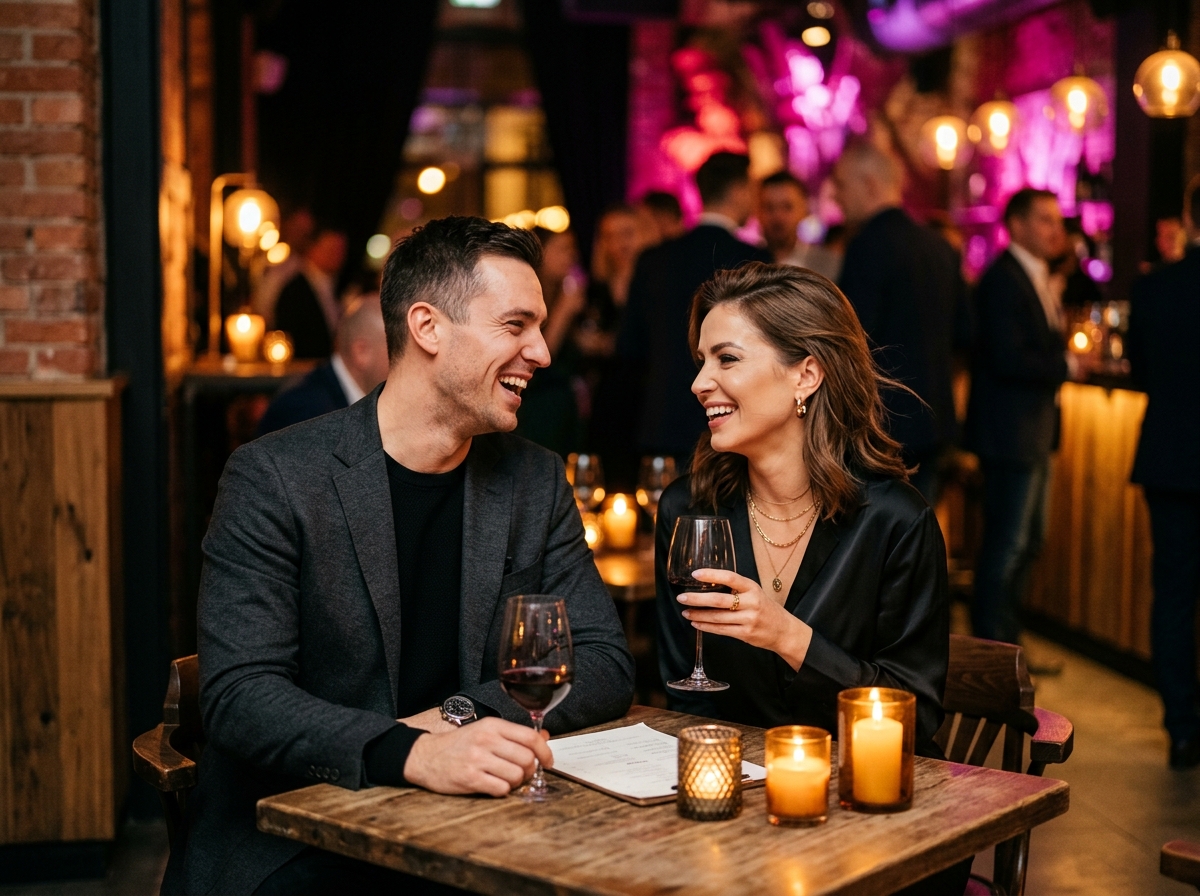 Two singles sharing an authentic conversation at a MatchQuest event in Berlin